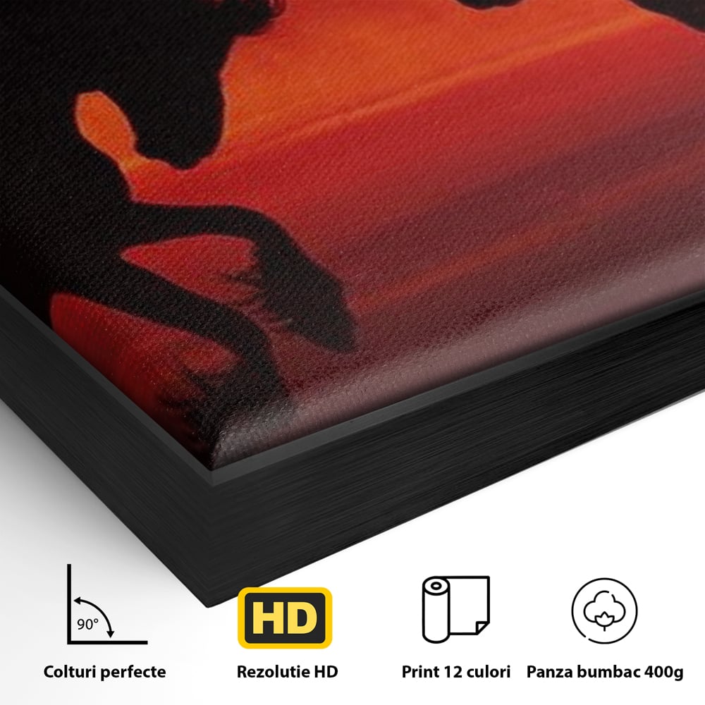 Detaliu al suprafetei: tablou canvas cu siluete de cai in apus, in rama de aluminiu negru